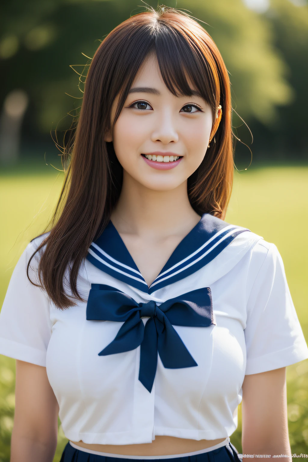 (Best Quality,8K,High resolution:1.2),(Beautiful realistic Japan person:1.6)、(cute Japanese girls:1.4),(Huge breasts:1.25),(Glamorous body),(School uniform,bra very,Pleated skirt,Sailor collar,white  shirt:1.2)、17 age、Professional、(My dear woman、Joy of Loving、Heartbeat in the chest)、Happy、national park、