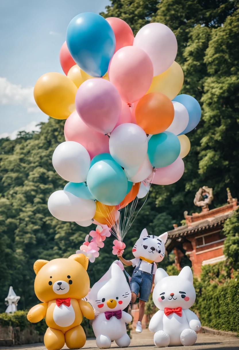 There&#39;s a guy holding a bunch of balloons，There are animals on it, balloons, balloons, balloons, Cartoon Cute, Shot with Sony alpha 9, party balloons, Shot with Sony A7R camera, attractive cleavage, toys, flower bouquet, The children, Pleasant, meow, cute colorful cute, BT21, BT 2 1, Inflatable, cute toy, flight