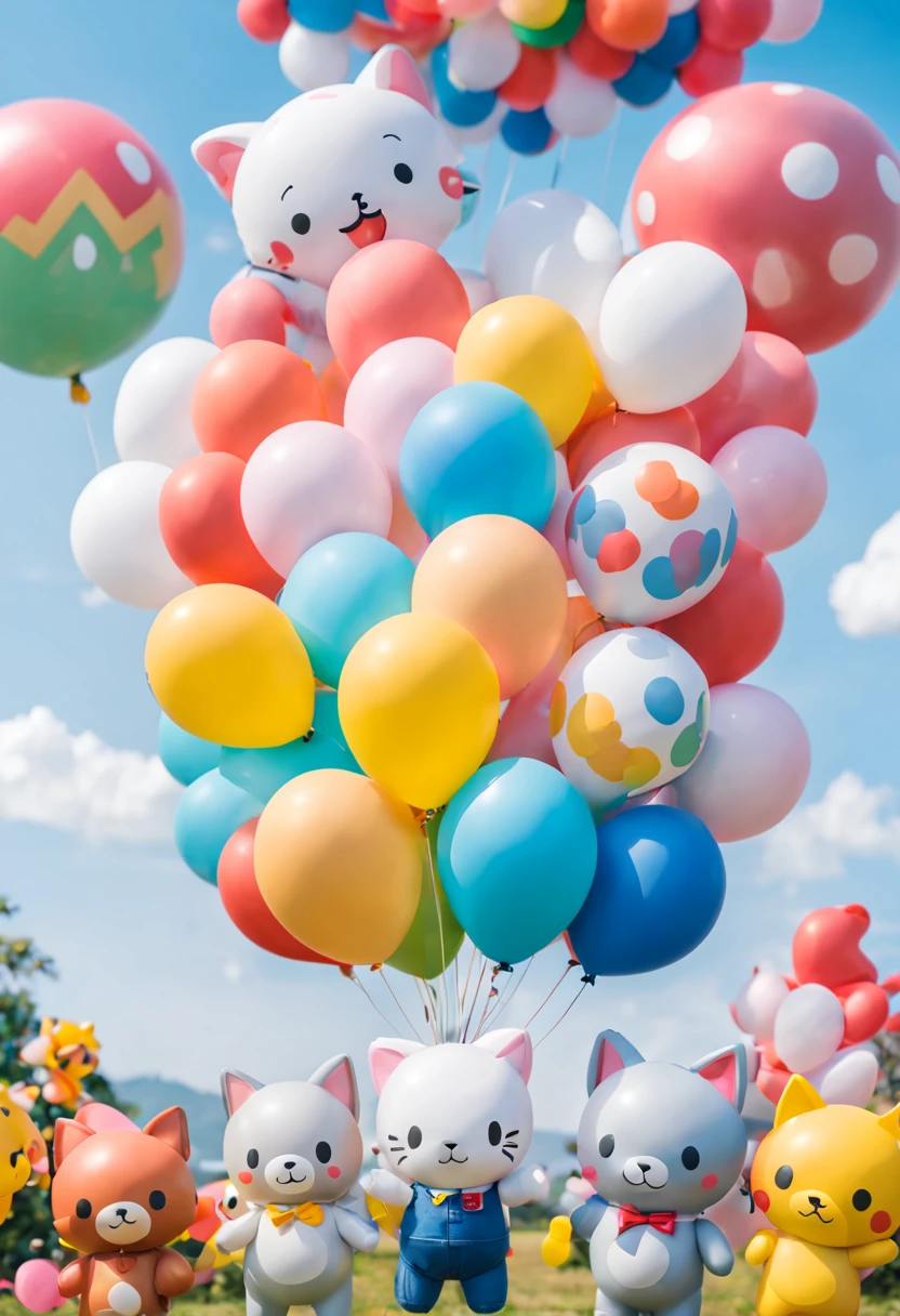 There&#39;s a guy holding a bunch of balloons，There are animals on it, balloons, balloons, balloons, Cartoon Cute, Shot with Sony alpha 9, party balloons, Shot with Sony A7R camera, attractive cleavage, toys, flower bouquet, The children, Pleasant, meow, cute colorful cute, BT21, BT 2 1, Inflatable, cute toy, flight