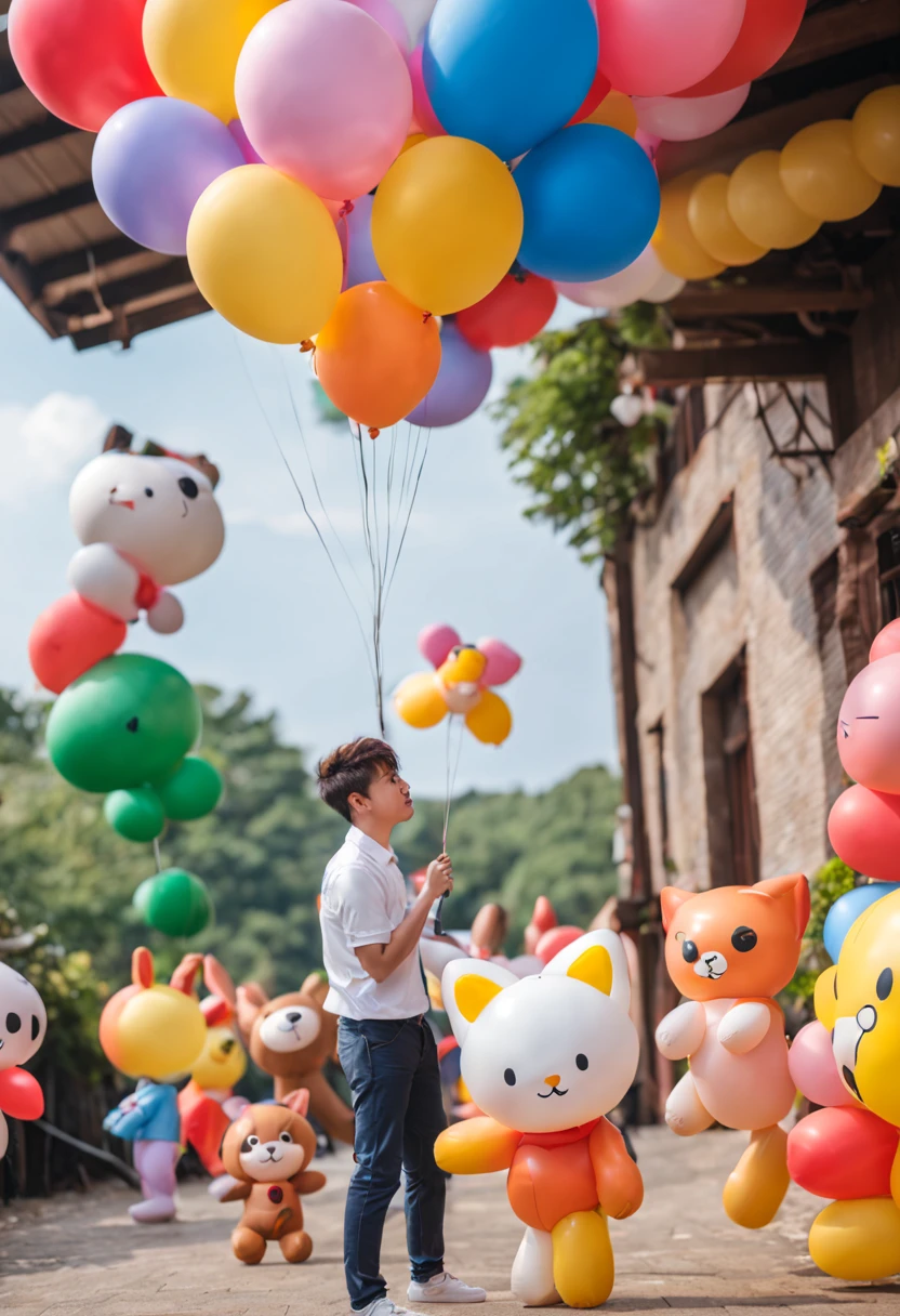 There&#39;s a guy holding a bunch of balloons，There are animals on it, balloons, balloons, balloons, Cartoon Cute, Shot with Sony alpha 9, party balloons, Shot with Sony A7R camera, attractive cleavage, toys, flower bouquet, The children, Pleasant, meow, cute colorful cute, BT21, BT 2 1, Inflatable, cute toy, flight