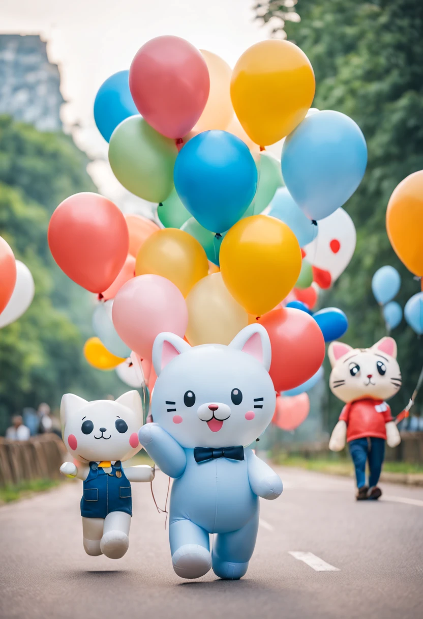 There&#39;s a guy holding a bunch of balloons，There are animals on it, balloons, balloons, balloons, Cartoon Cute, Shot with Sony alpha 9, party balloons, Shot with Sony A7R camera, attractive cleavage, toys, flower bouquet, The children, Pleasant, meow, cute colorful cute, BT21, BT 2 1, Inflatable, cute toy, flight