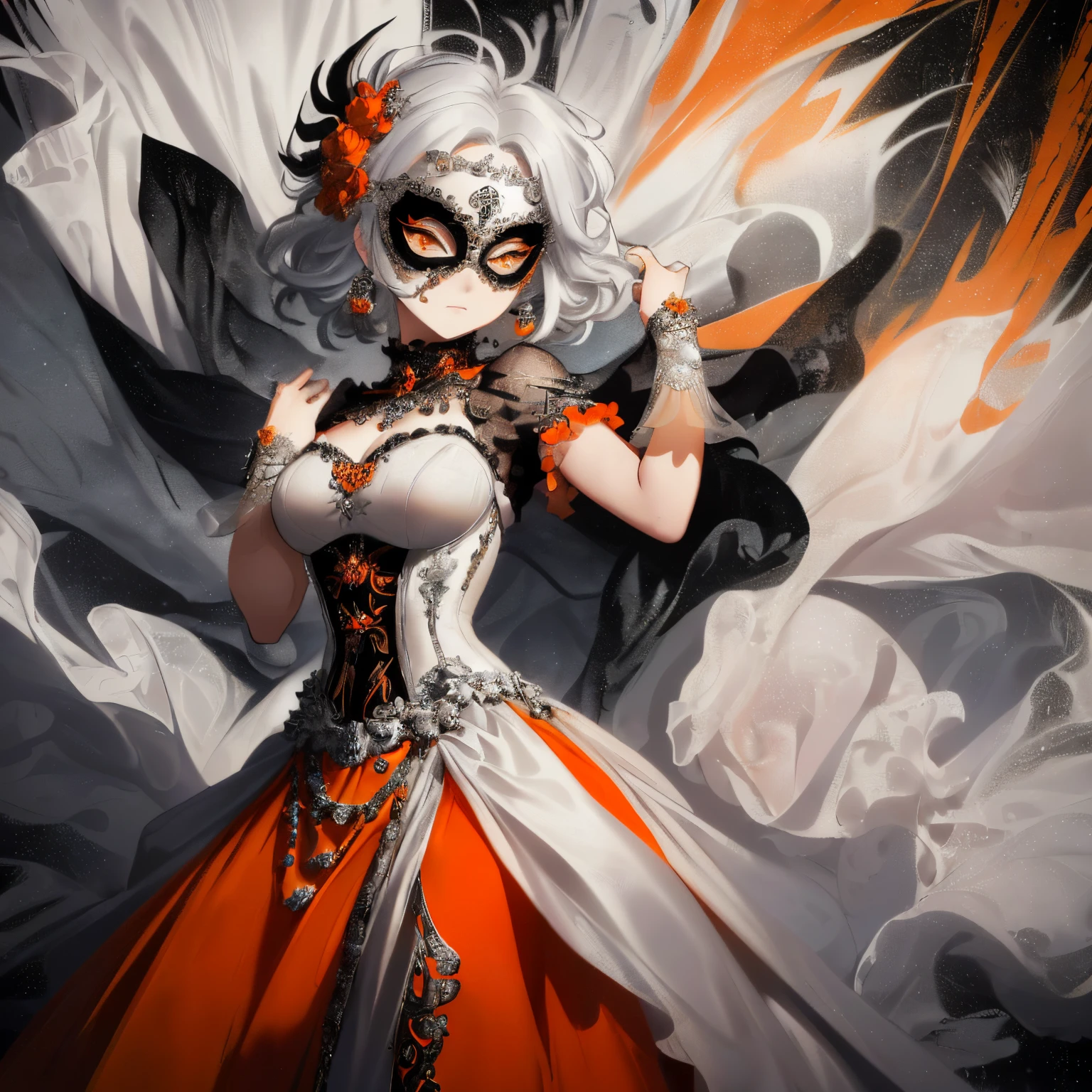 ((orange and white hair)),(Short straight hair),((She is wearing a mask like one would wear at a masquerade ball.......)),((Mask to cover the eyes)),((Show off your body line beautifully、One-piece dress with a flowing silhouette.,orange and silver and black dress)),(flare sleeve),((corsets)),((The hem of the dress is long enough to reach the ground.)),(A chaotic worldview mixed with black, orange and silver),(Tartarus),(Hellish world),((abyss)),((Have the hem of the dress、please accept me as a nobleman&#39;Daughter of....)),(sad and lonely face),((The hem of the dress sways as if dancing......))