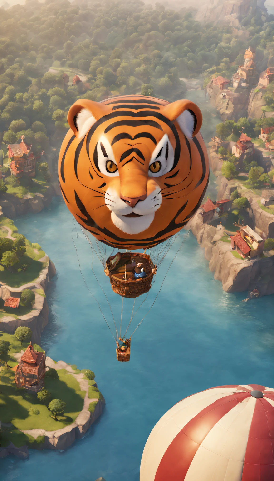 mid shot, 3D CG, air balloon that look like tiger, cute, concept art, pixar style, epic composition, natural lighting, HD