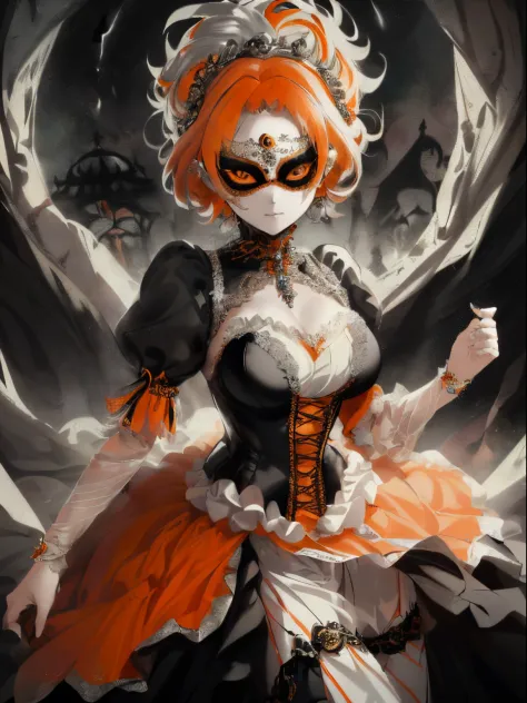 ((orange and white hair)),(Short straight hair),((She is wearing a mask like one would wear at a masquerade ball........)),((Mas...
