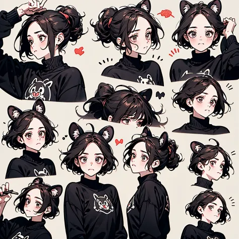 Cute girl avatar，Emoticon pack，（Cat's ears），(9 emoticons，emoji sheet of，Align arrangement)，9 poses and expressions（grieves，amaze，having fun，agitated，Laughter，Smell a rat，Angry，Touch your head，Sell moe, waiting），anthropomorphic styles，Disney  style，Black st...