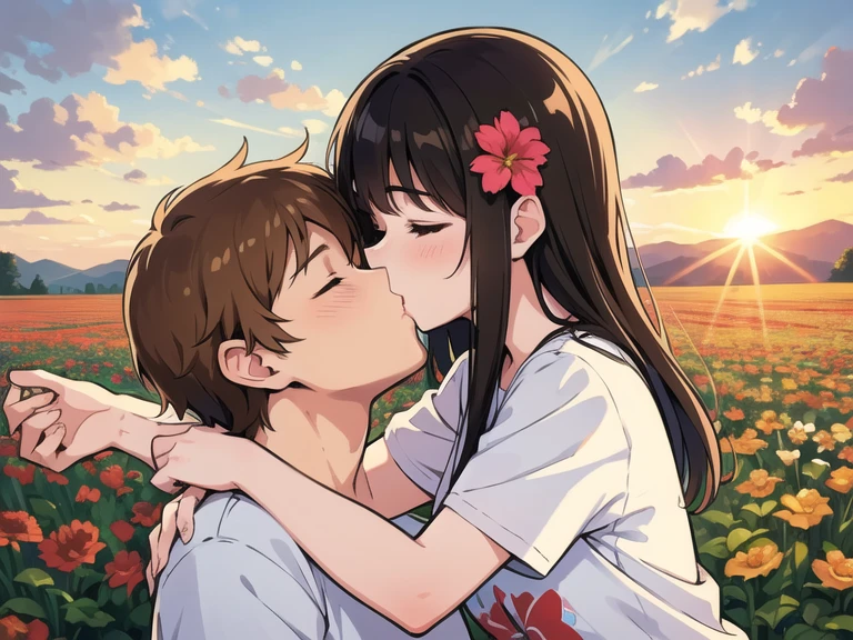 Masterpiece, best quality, {highres}, extremely detailed couple, illustration, solo, sharp focus, male focus, female focus, Brown hair, closed eyes, sun, sunlight, in the flower field, clear sky, T-shirts, male leisure clothes, blushed face, female fashion, cudling, kissing