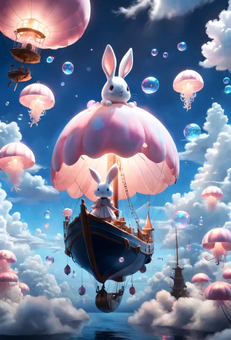(Very unified cg scene design）,(character  design），(Suspended rabbit-shaped sailboat floats in the clouds），pink and blue，jellyfi...