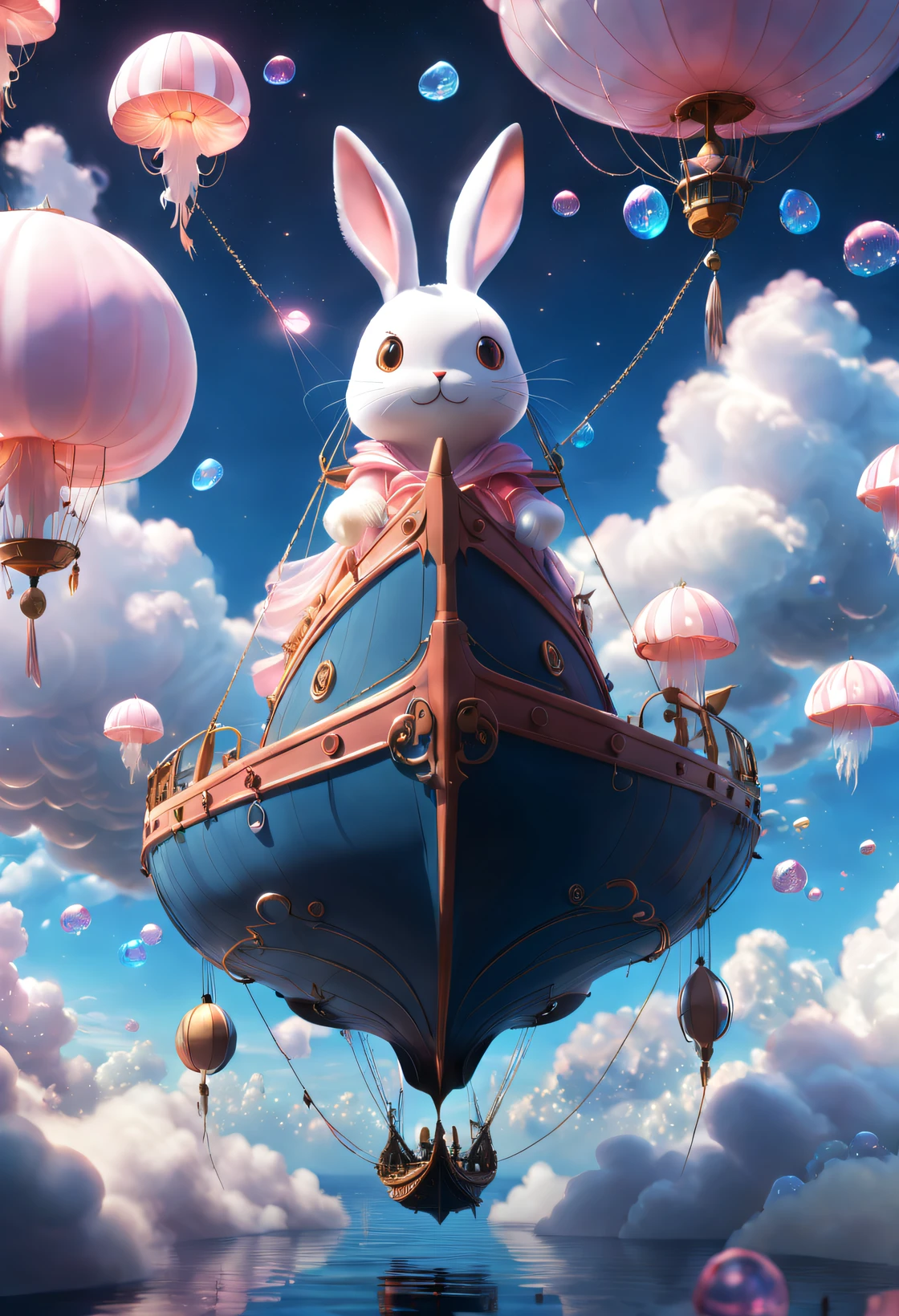 (Diseño de escena cg muy unificado.）,(diseño de personaje），(Un velero suspendido con forma de conejo flota en las nubes），Rosa y azul，Medusa，luces de las estrellas，rosetón，mariposas，，Como un sueño，iluminación mística，detalle 4k，Luces y sombras dramáticas，Como un sueño，Hermosa iluminación de Yoshitaka Amano en Studio Ghibli，3 renderizado，c4d，artefantasia，mirai，caricaturesco，