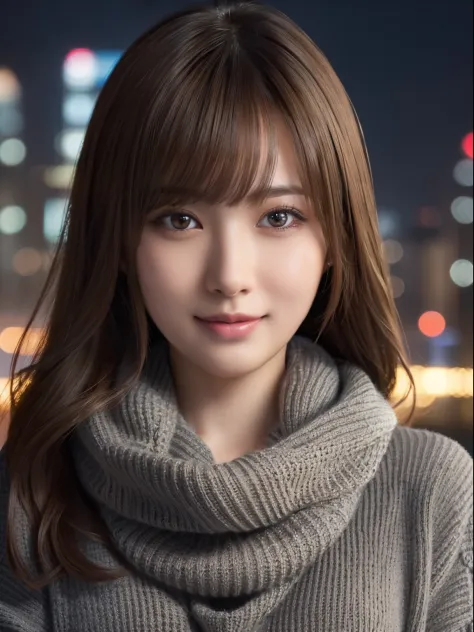 1 japanese girl,(Dark grey sweater:1.4),(wears a large muffler around his neck:1.2), (Raw photo, Best Quality), (Realistic, Phot...