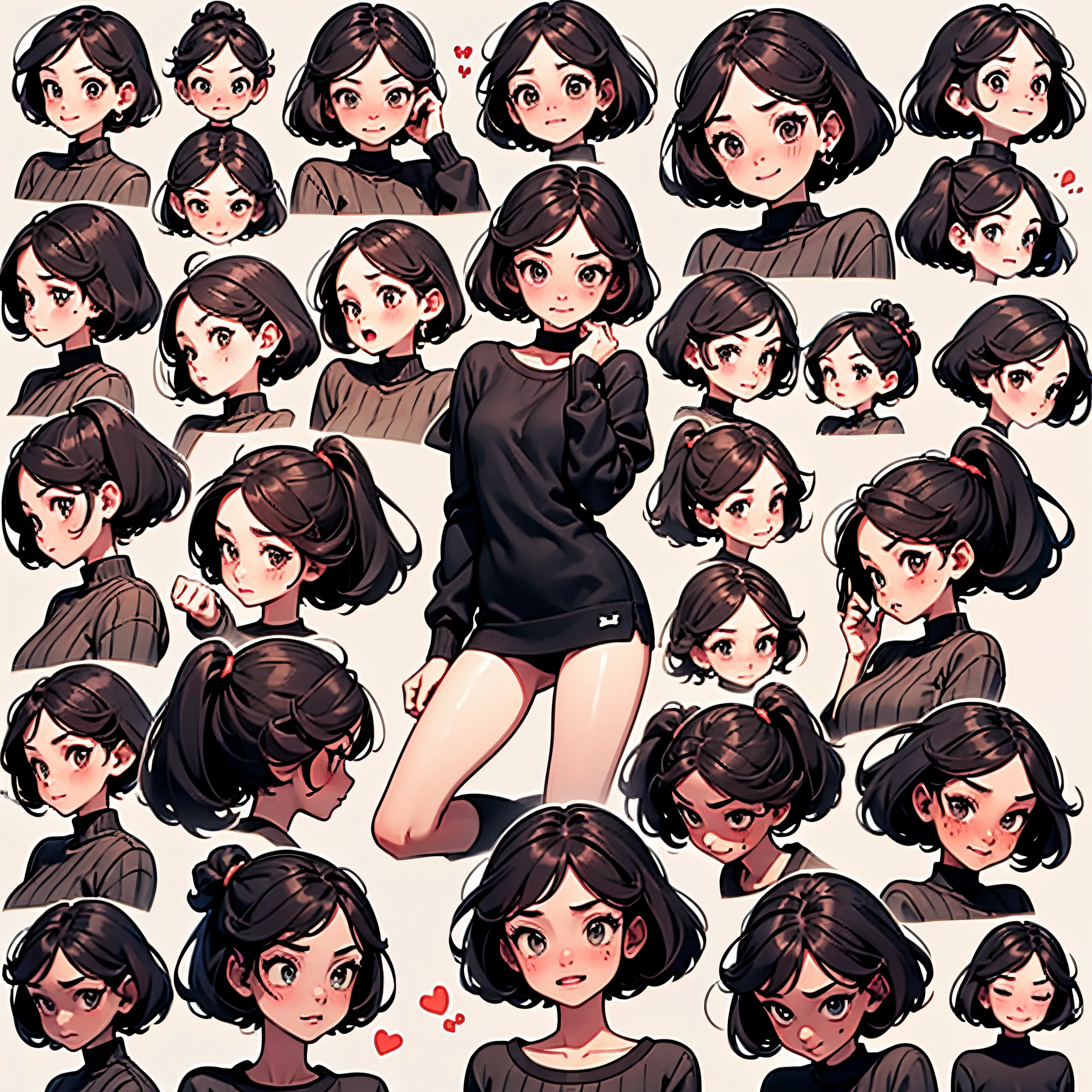 Cute girl avatar，Emoticon pack，(9 emoticons，emoji sheet of，Align arrangement)，9 poses and expressions（grieves，amaze，having fun，agitated，Giggle smile，smell the rat，Angry，Touch your head，Sell moe, waiting），anthropomorphic styles，Disney  style，Black strokes，various emotions，9 poses and expressions，8K