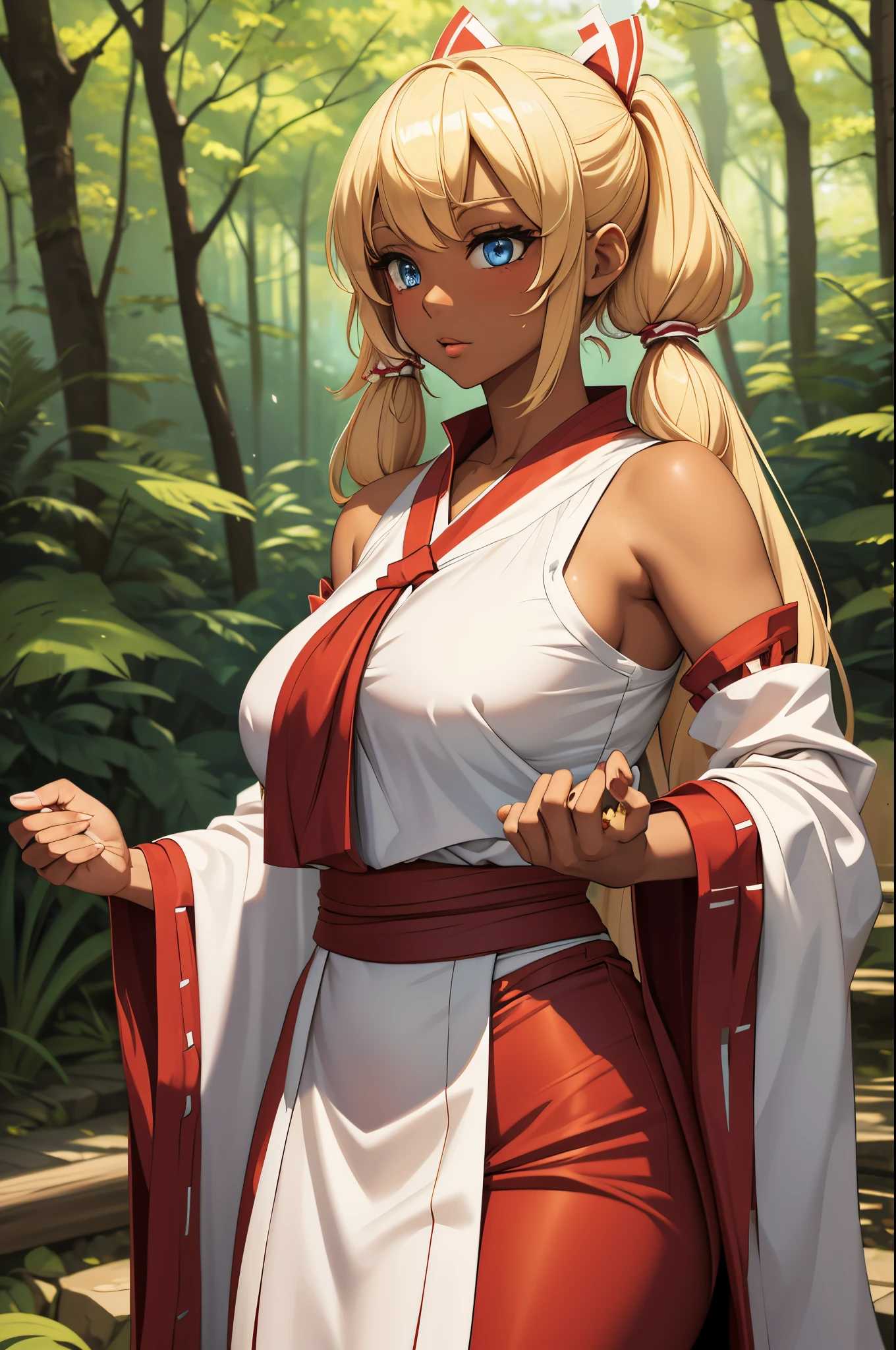 Mujer mejorada, pelo rubio, Blue eyes, piel morena oscura, pechos grandes, vistiendo un traje de miko como Reimu Hakurei en un bosque