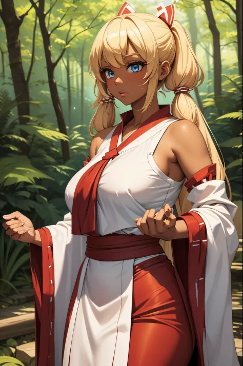 Female gyaru, twintails Blonde hair, Blue eyes, dark brown skin, large breasts, wearing a miko outfit like Reimu Hakurei in a fo...