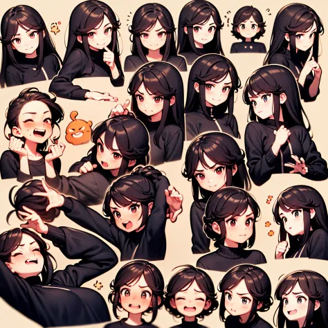 Cute girl avatar，Emoticon pack，(9 emojis，emoji sheet of，Align arrangement)，9 poses and expressions（grieves，amaze，having fun，agitated，Giggle smile，smell the rat，Angry，Touch your head，Sell moe, waiting），anthropomorphic styles，Disney  style，Black strokes，vari...