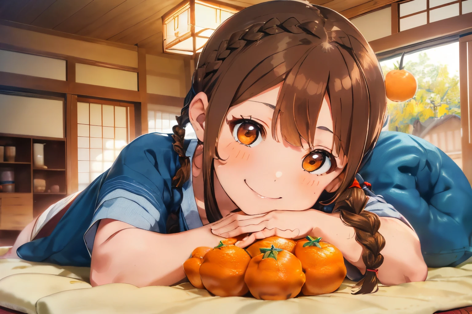 ((Brown hair)),((Braided shorthair)),(With bangs),((Pigtails)),((Brown eyes)),Slight red tide,(Relax at the kotatsu),((Prone)),(Sleepy face),(Smile slightly),((Fluffy kotatsu made of blue fabric)),(oranges on the table),close up of face,