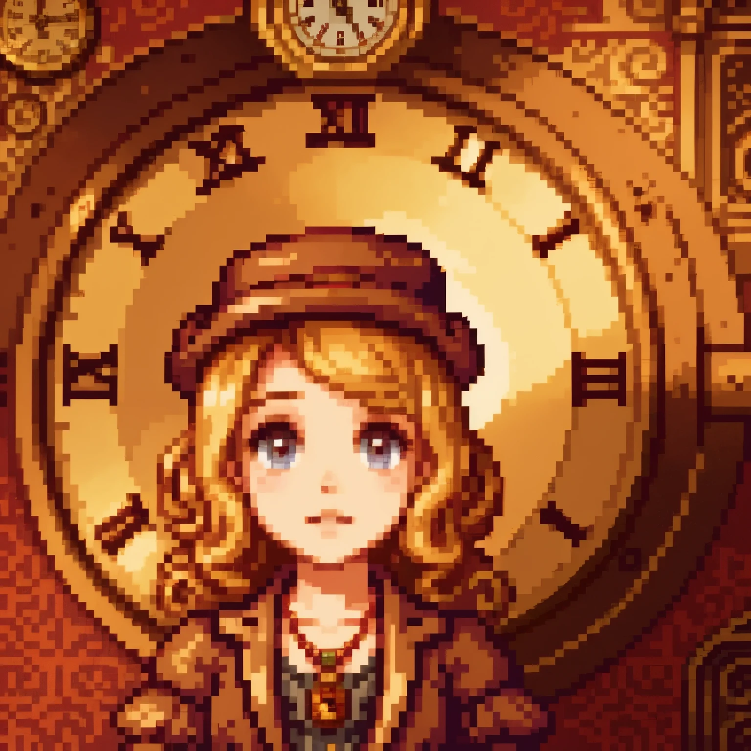 close-up, straight hair blonde short curly  girl the little red hat, clock on necklace, (Victorian era), ((steampunk)), cinematography, worked, elegant, meticulous, magnificent, maximum detail, extremely hyper-aesthetic, intricately detailed, lots of gears, old town background