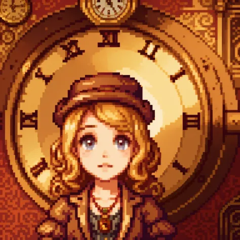 close-up, straight hair blonde short curly child girl the little red hat, clock on necklace, (Victorian era), ((steampunk)), cin...