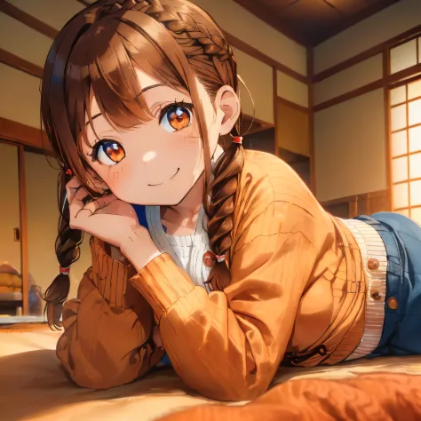 ((Brown hair)),((Braided shorthair)),(With bangs),((Pigtails)),((Brown eyes)),Slight red tide,(Relax at the kotatsu),((Prone)),(...