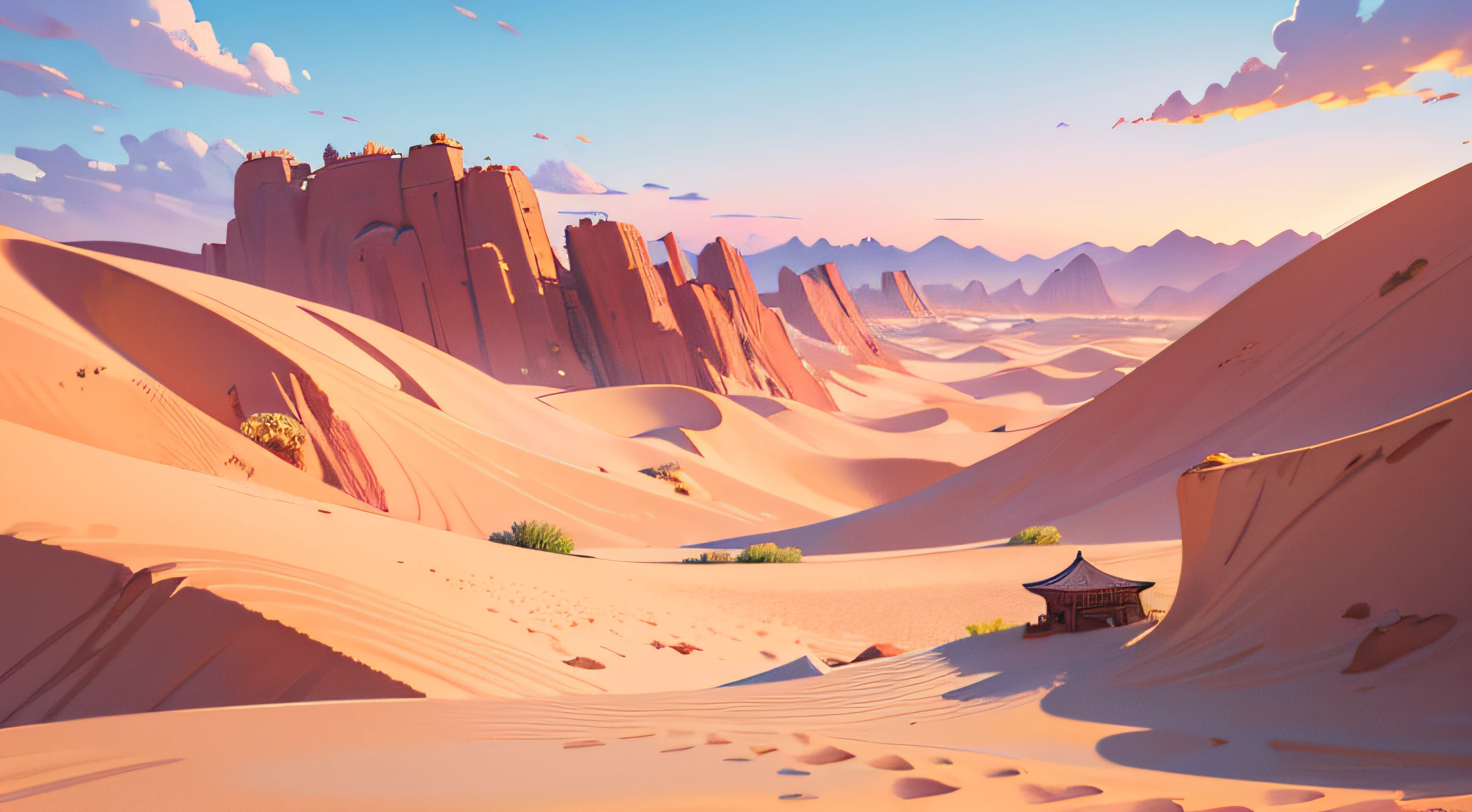 (illustrations : 1.0), photorealistic lighting, HD detail, 夏天, 12pm, Dolsan, Gate, Outdoor scenery, desert