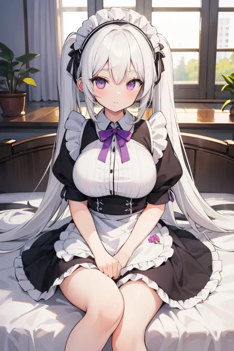 (masterpiece), (Tall, large breasts, sexy:1.1), (Anime Bishojo with eight heads tall, twintails, white hair:1.2), maid apron, (maid headdress:1.2), purple eyes, Sitting on the bed.