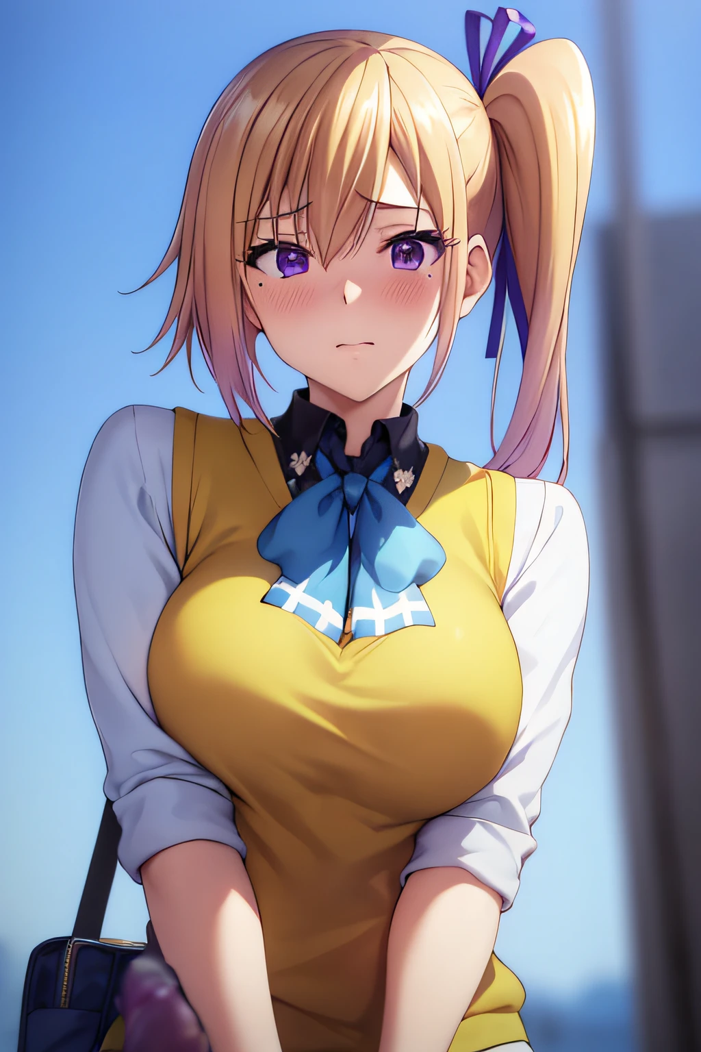 masterpiece, (best quality), 1woman,1girl ,1boy,,kawakami_mai,    blonde hair,  long hair, side ponytail,  purple eyes, sweater vest, school uniform ,   skirt, large breasts,ribbon, hair ribbon, mole under eye,sexy woman, embarrassed,blush,    vibrant colors ,,natural lighting  ,RTX,  , beautiful, (detailed face:1.2), showcase, (perfect eyes:1.1) ,(photorealistic:1.1), 8k uhd,  looking at viewer, outdoors,  simple backround