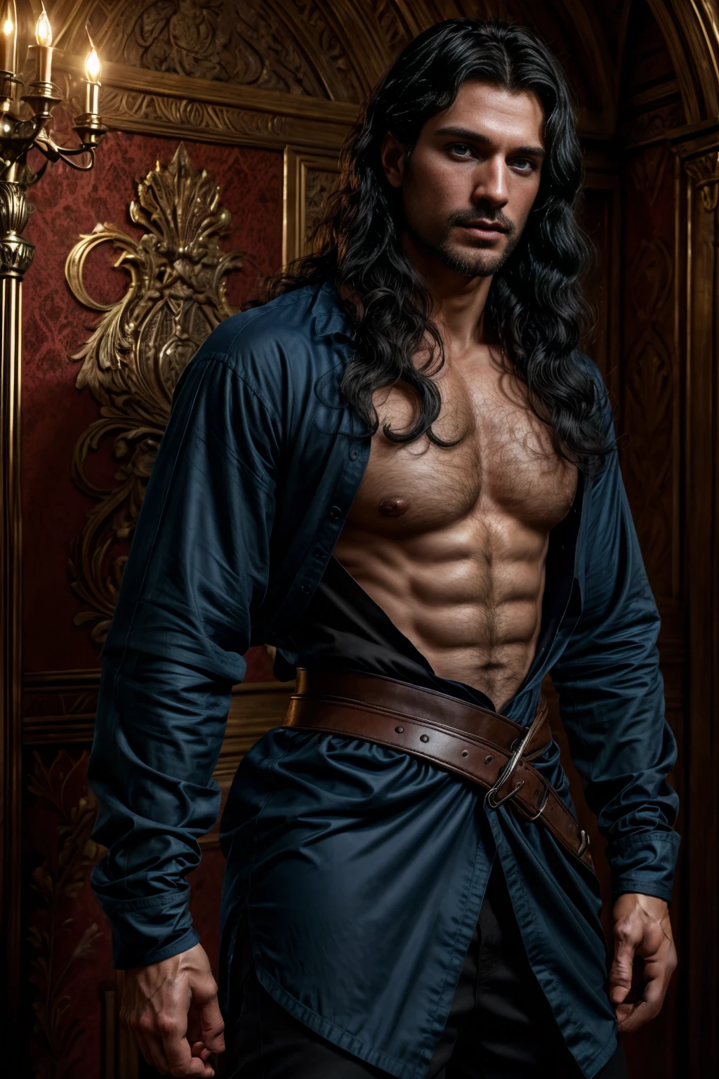 a man with a well-groomed beard, square face, thin nose and full mouth, ((bright blue eyes)), ((long black curly hair)), ((handsome and sexy man)), ((20 years old)), half-length photo, various positions, open shirt, ((red shirt)), broad and strong chest, in the background room of a medieval castle, Wallpaper 4k, 32k ultra |, Ultra HD |, Cinematic lighting, poster of film, Superior Quality、High Resolution、8k high definition、Photogenic clarity、