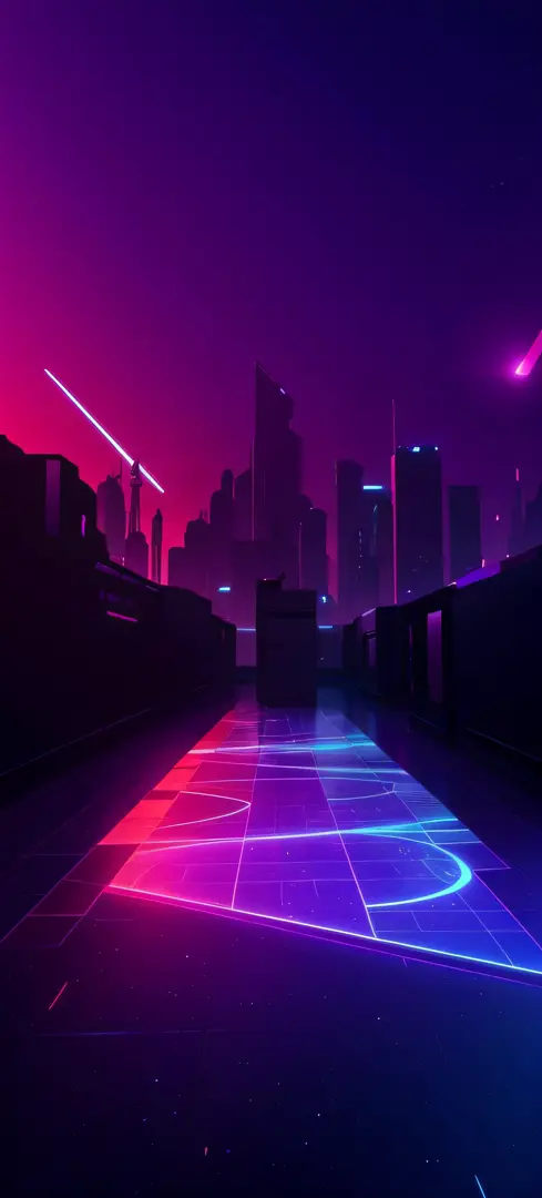 Cyberpunk space expansion scene，The city of sunsets，blue-purple color scheme，Floor tile projection，City silhouette