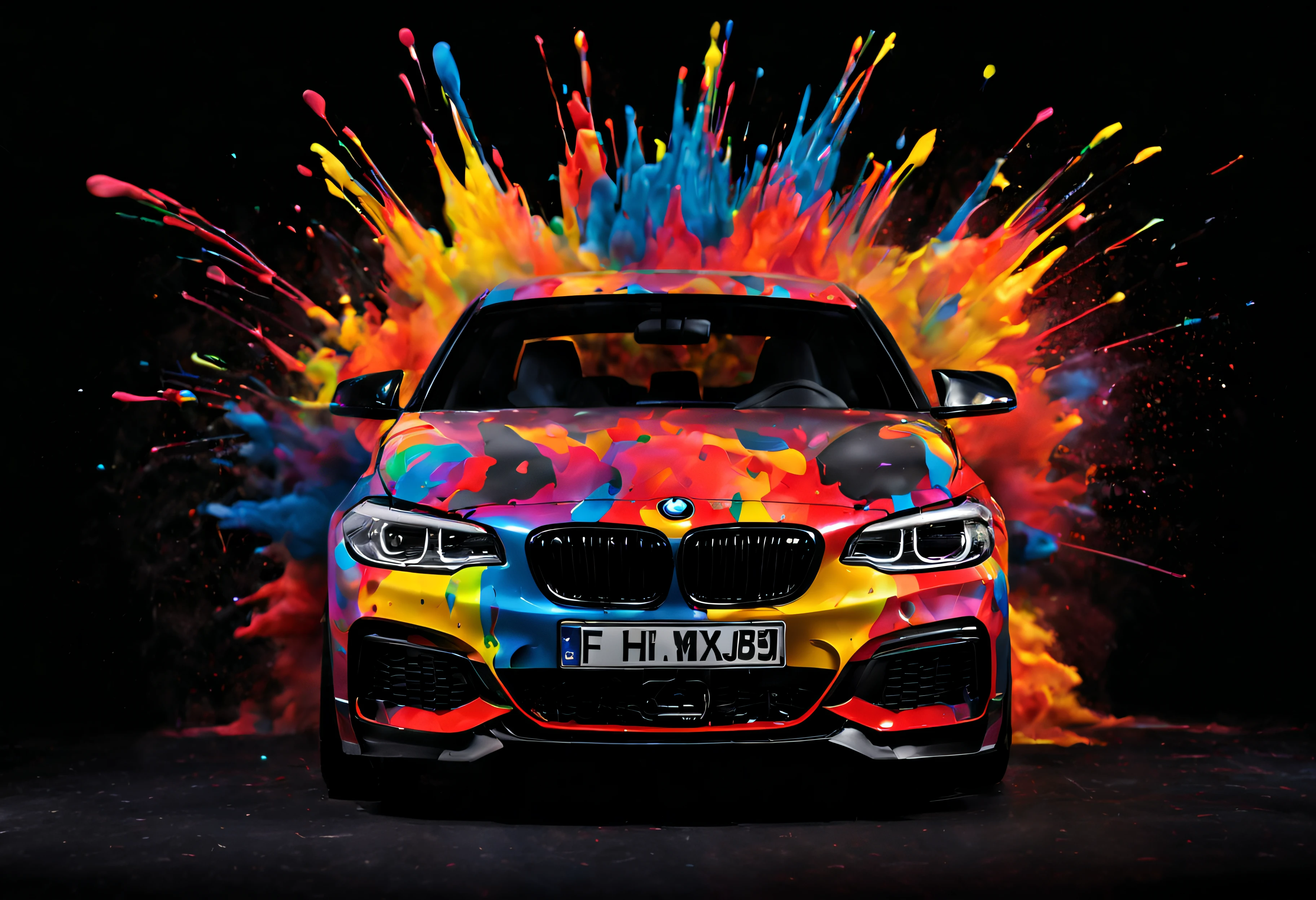 BMW Series 1 F20, dans un studio photo, avec un fond noir, avec une explosion de peinture multicolore sur la voiture, 4K quality, high-definition