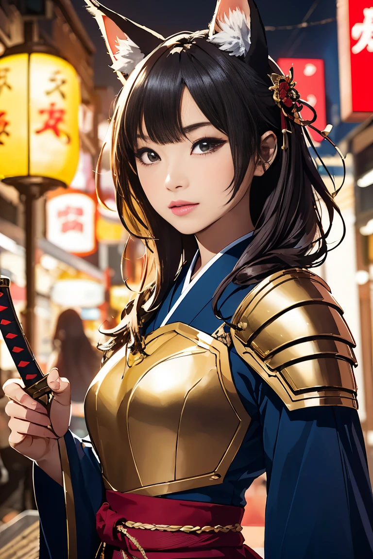 (((Looking away:1))), ((Look at another one:1)), fox incarnation、((Sexy Female Warrior))、Japan Yokai、Sexy fox female warrior with a Japanese sword、Fox ears、A figure holding a beautiful sword, ((sexy japan armor))