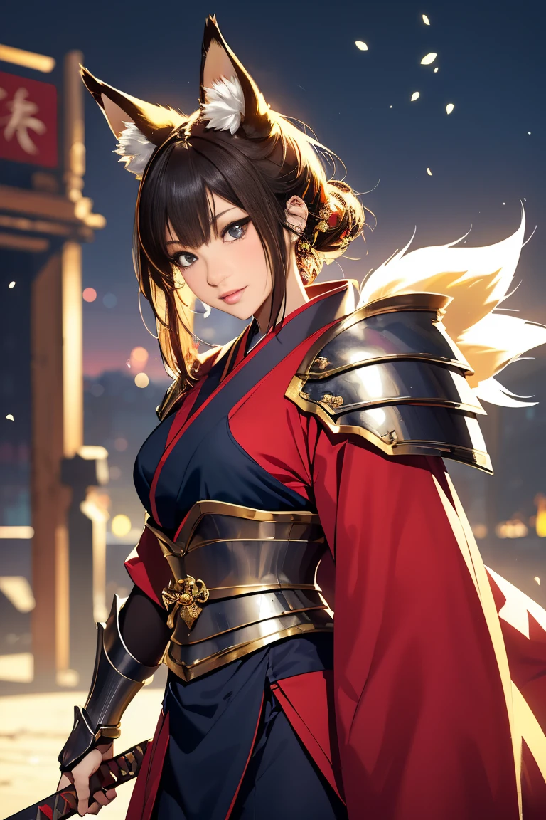 (((Looking away:1))), ((Look at another one:1)), fox incarnation、((Sexy Female Warrior))、Japan Yokai、Sexy fox female warrior with a Japanese sword、Fox ears、A figure holding a beautiful sword, ((sexy japan armor))