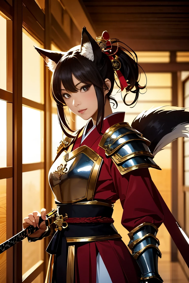 (((Desviando o olhar:1))), ((Olhe para outro:1)), encarnação de raposa、((Sexy Guerreira Feminina))、Japão Yokai、Guerreira raposa sexy com uma espada japonesa、orelhas de raposa、Uma figura segurando uma linda espada, ((armadura sexy do Japão))