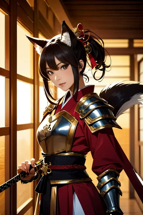 (((Looking away:1))), ((Look at another one:1)), fox incarnation、((Sexy Female Warrior))、Japan Yokai、Sexy fox female warrior wit...