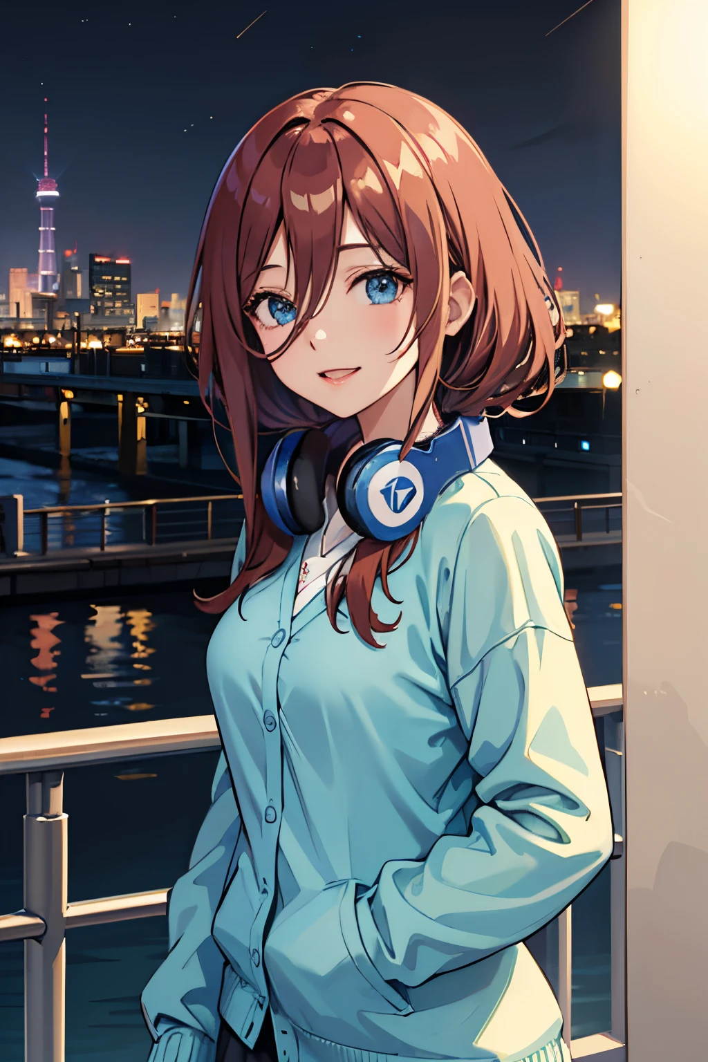 miku, headphones around neck, blue cardigan, sorriso leve, Melhor Anime 4K Konachan Wallpaper, Estilo anime 4K, Arte Oficial, arte anime de alta qualidade, 4k anime wallpapers ((obra-prima)),Cidade, Sala de estar, noite, chuva, street lighting