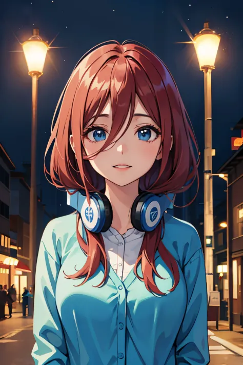 miku, headphones around neck, blue cardigan, sorriso leve, melhor anime 4k konachan wallpaper, estilo anime 4k, arte oficial, ar...