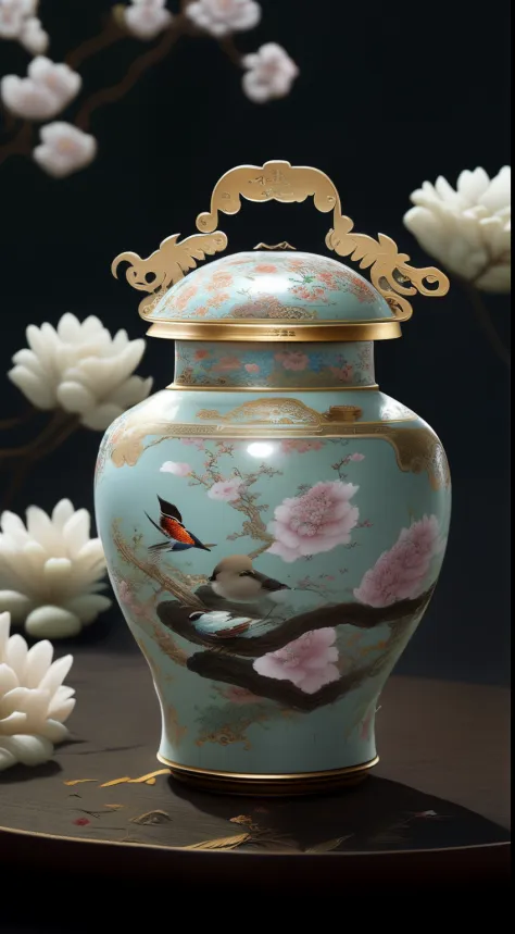 There is a glazed tea can on the table，There is a world of flowers and birds inside，Stunning and rich in detail,reflection mirror， by An Zhengwen, Inspired by Hu Jieqing, Inspired by Yun Shouping, Stunningly detailed, Chinese art, beautifully painted, Beau...