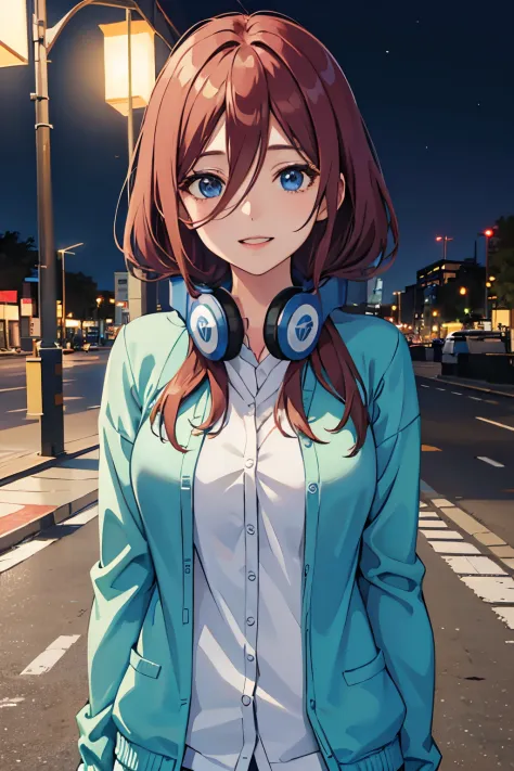 miku, headphones around neck, blue cardigan, sorriso leve, melhor anime 4k konachan wallpaper, estilo anime 4k, arte oficial, ar...