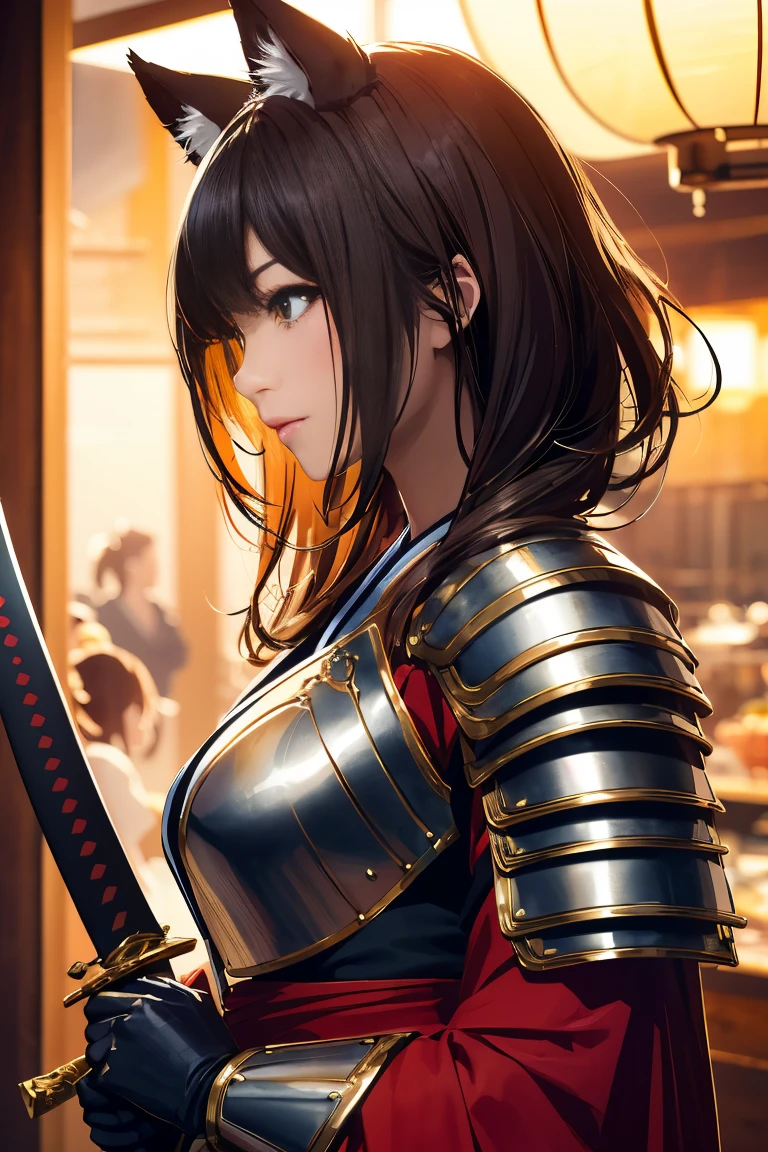(((глядя:1))), ((Посмотрите еще один:1)), воплощение лисы、((Сексуальная женщина-воин))、Япония ёкай、Сексуальная лиса-воительница с японским мечом、лисьи уши、Фигура, держащая красивый меч, ((сексуальная японская броня))