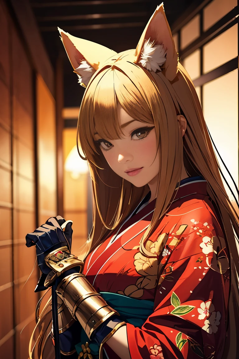 (((détourner le regard:1))), ((Regarde-en un autre:1)), incarnation du renard、((Guerrière sexy))、Japon Yokai、Guerrière renard sexy avec une épée japonaise、oreilles de renard、Un personnage tenant une belle épée, ((armure japonaise sexy))