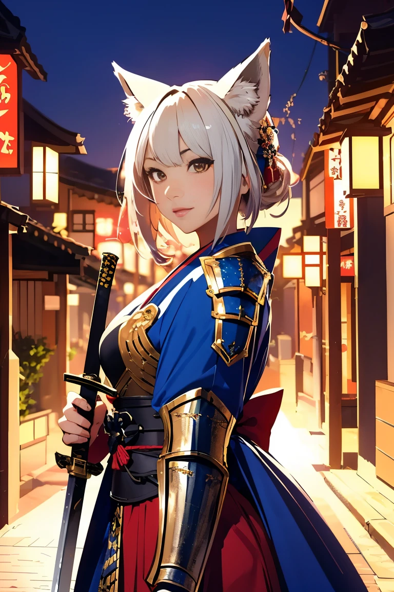 (((Looking away:1))), ((Look at another one:1)), fox incarnation、((Sexy Female Warrior))、Japan Yokai、Sexy fox female warrior with a Japanese sword、Fox ears、A figure holding a beautiful sword, ((sexy japan armor))
