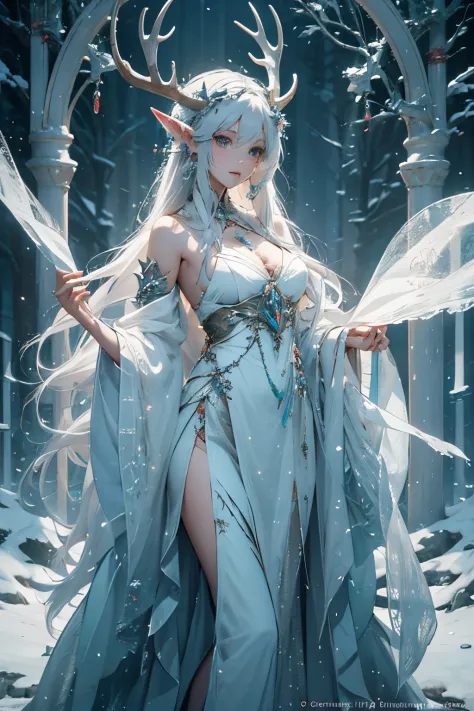 Beautiful alluring female snow elf, Pale Glowing Skin, silver crown with antlers, crown with deer horns, blue Lips, white fur cape, ornate clothes, silver jewellry, Bare Skin, Athletic Well Toned Body, Elegant Form, On An Altar at a snowy forest, Godrays, ...