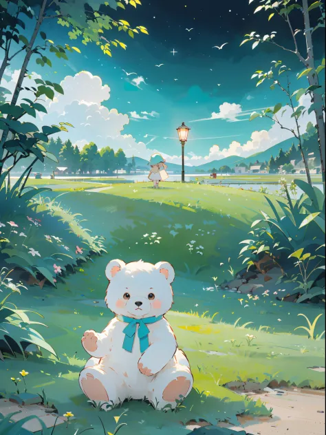 (a girl and a white bear，play in the fields, ricefield，cute white bear, cute girls), ghibli background style, yuru chara style，c...