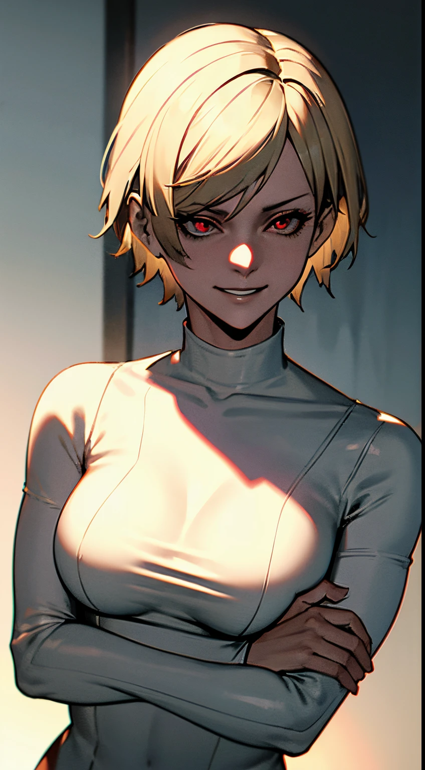 Sherry Birkin poseída, cabello corto rubio, piel blanca, ojos rojos, sonrisa malvada, ambiente de terror oscuro, Feliz, miradas de admiración, presionando el pecho juntos, Cuerpo delgado, en un laboratorio, vistiendo un traje blanco ceñido