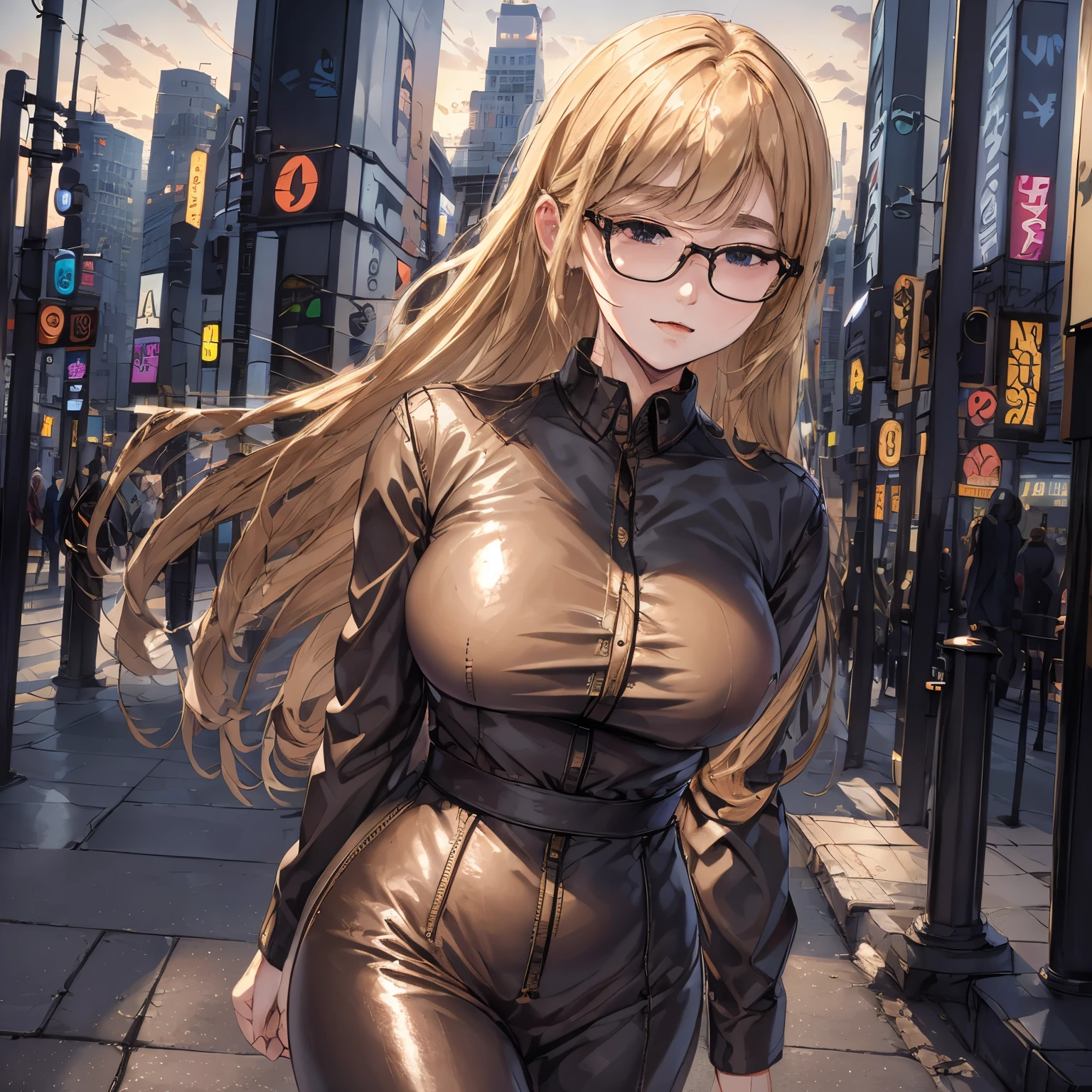 beautiful girl in a night city in beautiful leather clothes, in full growth, with yellow hair, wearing glasses. a light summer wind blows her hair. realistic style