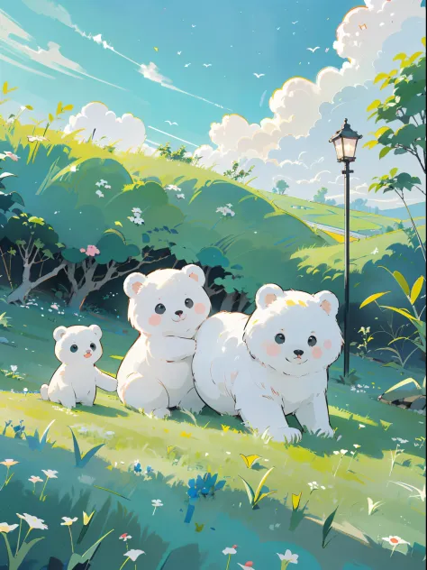 ((a girl and a white bear))，(play in the fields, ricefield，cute white bear, cute girls), ghibli background style, yuru chara sty...