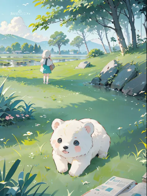 ((a girl and a white bear))，(play in the fields, ricefield，cute white bear, cute girls), ghibli background style, yuru chara sty...