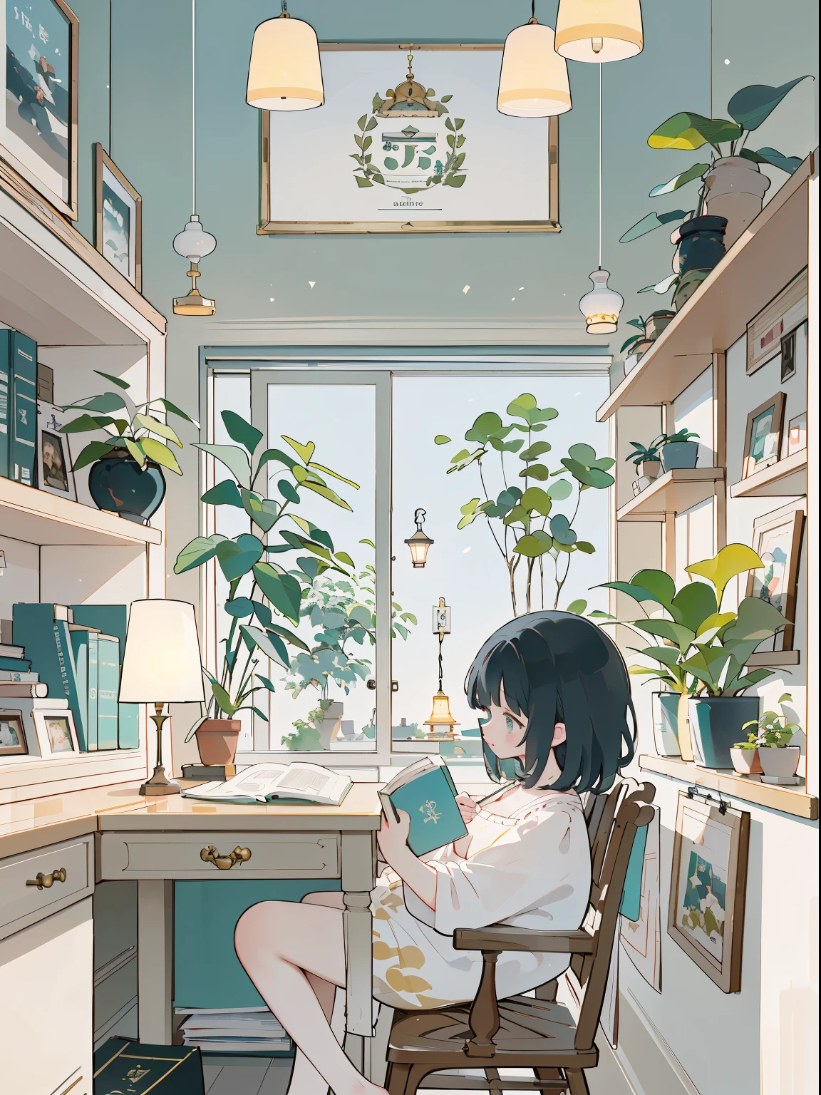 (há uma mulher sentada em uma cadeira lendo um livro, garota lofi), Dentro do quarto, decote em close, mesa de estudo，luz de mesa，nerd，estantes，vaso，uma planta, Estilo de arte Lopfe, estilo de ilustração lo-fi, animeaesthetic, arte de fundo de anime, estudando em uma sala bem iluminada, Estilo de fundo Ghibli, Estilo Yuru Chara，ilustração fofa de livro de histórias, , iluminação suave suave, creme, Giorgio Morandi Cores, gráfico de linha grossa, ilustração colorida, piquenique na floresta, ilustração da capa，estilo da natureza, (lamparina:1.0)，obra-prima，Melhor qualidade na melhor das hipóteses,