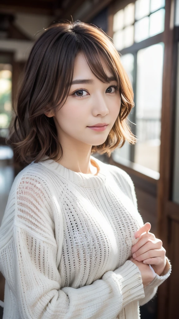 (the Extremely Detailed CG Unity 8K Wallpapers,masutepiece, Best Quality, Ultra-detailed, Looking at the camera:1.2, Light on Face:1.5, Gray background, profetional lighting:1.25, inside in room), Lives in Japan３０Old Female、short-hair, A dark-haired, Plump facial contours:1.5, (tthin eyebrows:1.25), Big shining eyes, Undersized nose, Soft mouth, slender physique, (Shirt under sweater), Sincere impression, noble mix fix v3.0