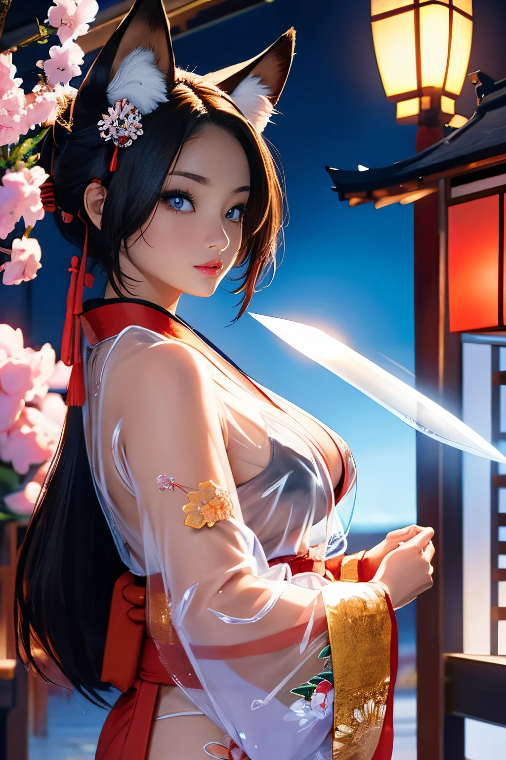 (((Looking away:1))), ((Look at another one:1)), fox incarnation、Sexy Female Warrior、Japan Yokai、Sexy fox female warrior with a Japanese sword、Fox ears、A figure holding a beautiful sword、(transparent kimono)、(Show off by wearing Japanese revealing clothes), nipples through, see-through japanese nightgown,