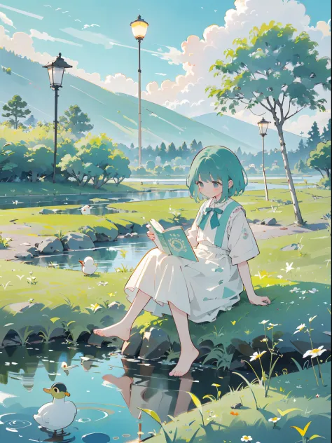 ((a girl sitting by the pond))，(play in the fields, ricefield，cute ducks, cute girls), ghibli background style, yuru chara style...