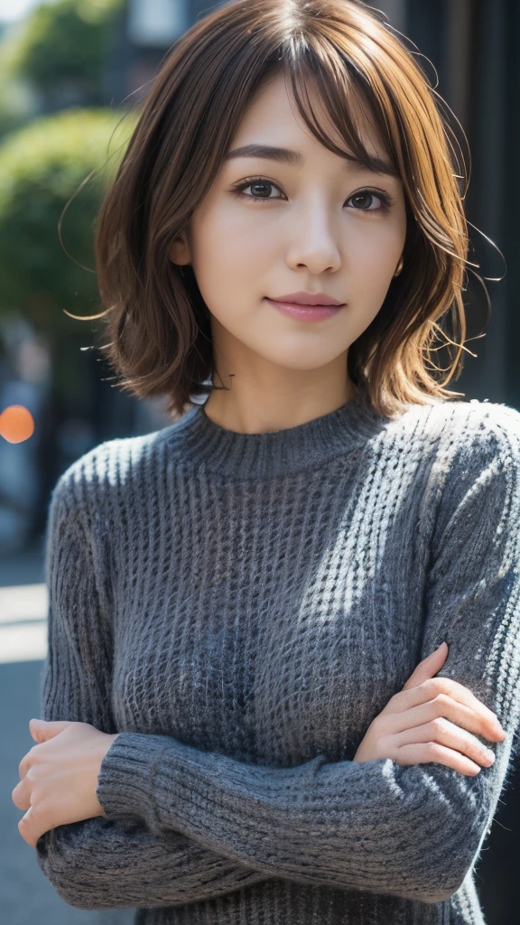 (the Extremely Detailed CG Unity 8K Wallpapers,masutepiece, Best Quality, Ultra-detailed, Looking at the camera:1.2, Light on Face:1.5, Gray background, profetional lighting), Lives in Japan３０Old Female、short-hair, A dark-haired, Plump facial contours:1.5, (tthin eyebrows:1.25), Big shining eyes, Undersized nose, Soft mouth, slender physique, (Shirt under sweater), Sincere impression, noble mix fix v3.0