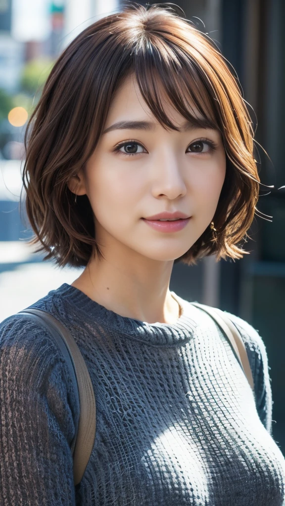 (the Extremely Detailed CG Unity 8K Wallpapers,masutepiece, Best Quality, Ultra-detailed, Looking at the camera:1.2, Light on Face:1.5, Gray background, profetional lighting), Lives in Japan３０Old Female、short-hair, A dark-haired, Plump facial contours:1.5, (tthin eyebrows:1.25), Big shining eyes, Undersized nose, Soft mouth, slender physique, (Shirt under sweater), Sincere impression, noble mix fix v3.0